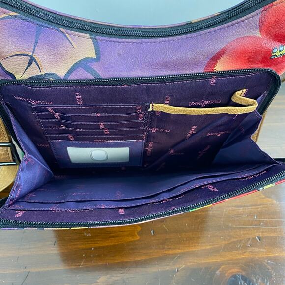 Anuschka Hand Painted Multi Pocket Hobo Leather Crossbody Bag Cat Floral Motif - Picture 3 of 14